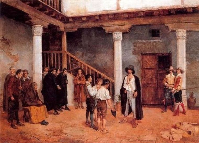 Arturo Montero y Calvo: Rinconete y Cortadillo. 1881. Óleo sobre lienzo, 111 x 178 cm.
[El patio de Monipodio no es otro, en el cuadro de Montero, que la conocida Posada de la Sangre, antiguo Mesón del Sevillano en Toledo, y que se emplea, en este caso, como marco arquitectónico idóneo para el desarrollo de una escena que transcurre en Sevilla].