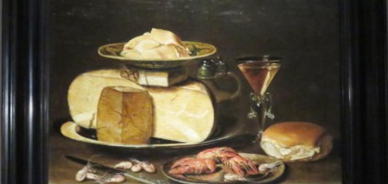 Bodegón con quesos, gambas y cangrejos de rio