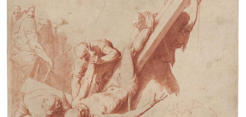La Crucifixión de San Pedro. Pincel, tinta roja sobre sanguina, 250